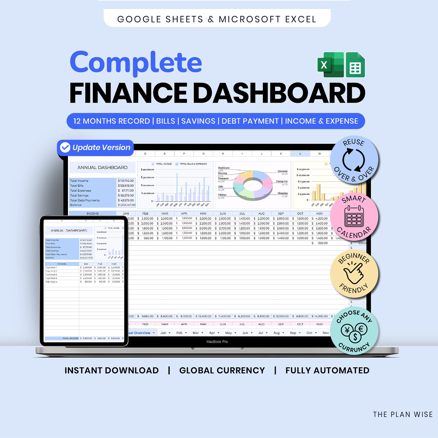 Complete Finance Dashboard and Annual Budget System for Google Sheets & Excel Template