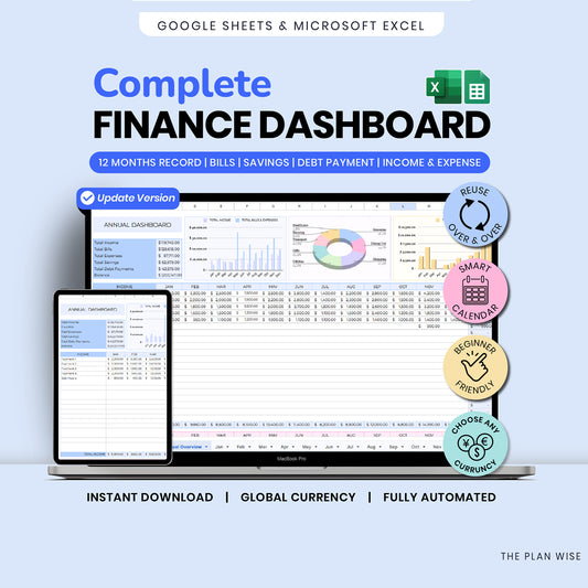 Complete Finance Dashboard and Annual Budget System for Google Sheets & Excel Template