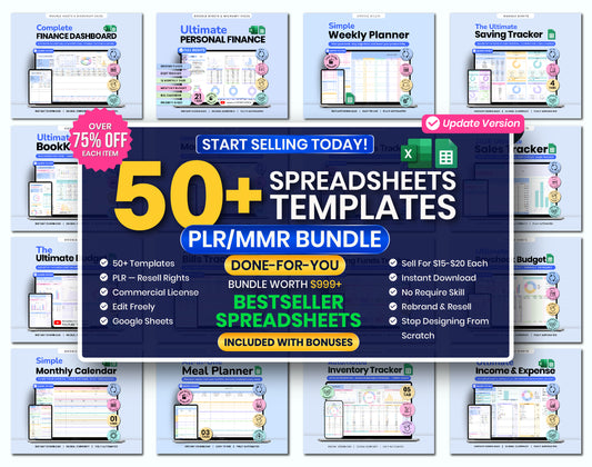 50+ Spreadsheet Templates PLR/MMR Bundle | Resell Rights | Google Sheets & Excel | Done-For-You Digital Business