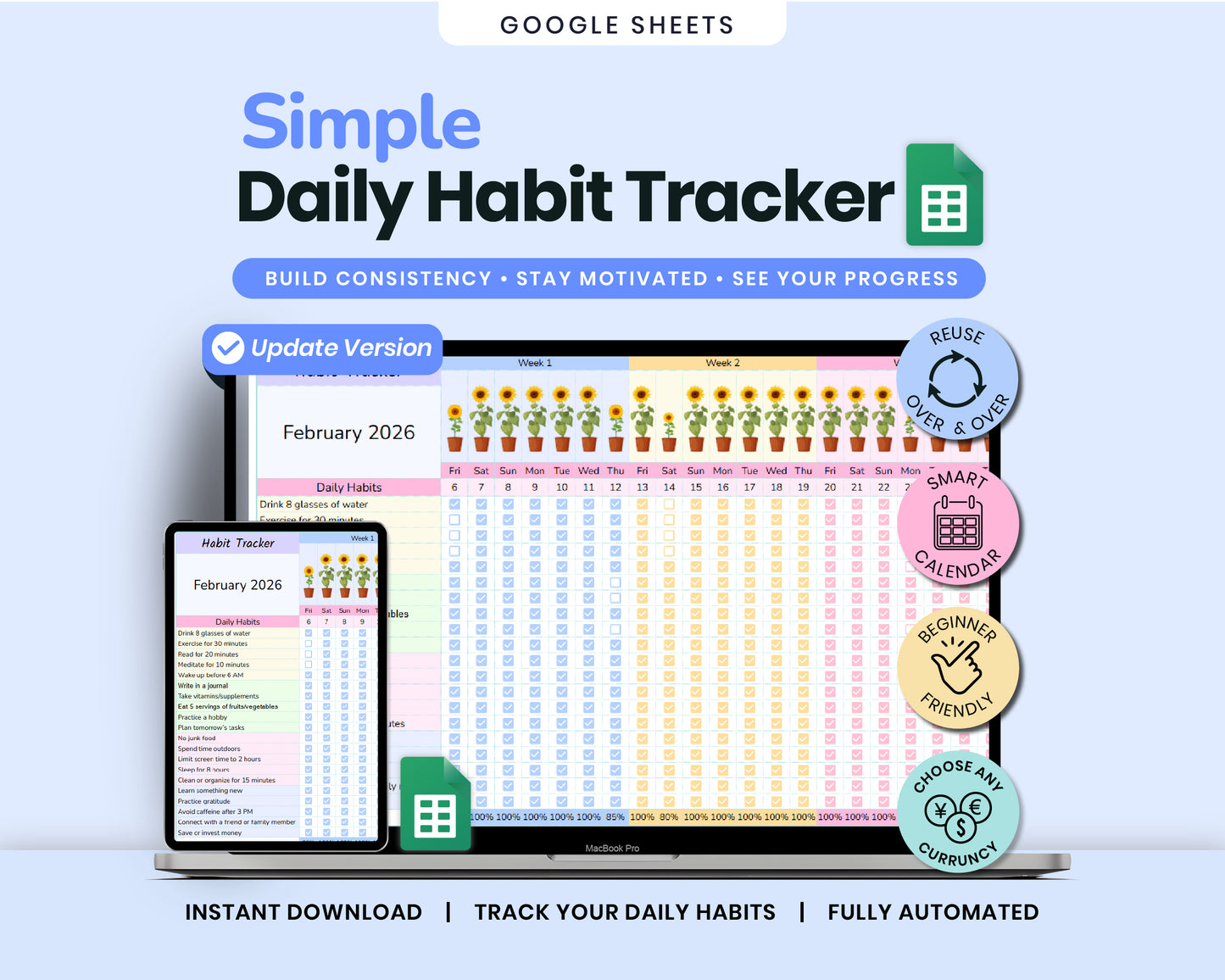 Habit Tracker Spreadsheet for Google Sheets | Daily, Weekly & Monthly Goal Planner