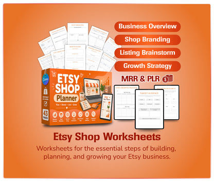 Etsy Shop Planner | 43-Page Canva Template | Plan Brand List Grow | PLR & MRR Commercial Rights | Editable Worksheets Bundle