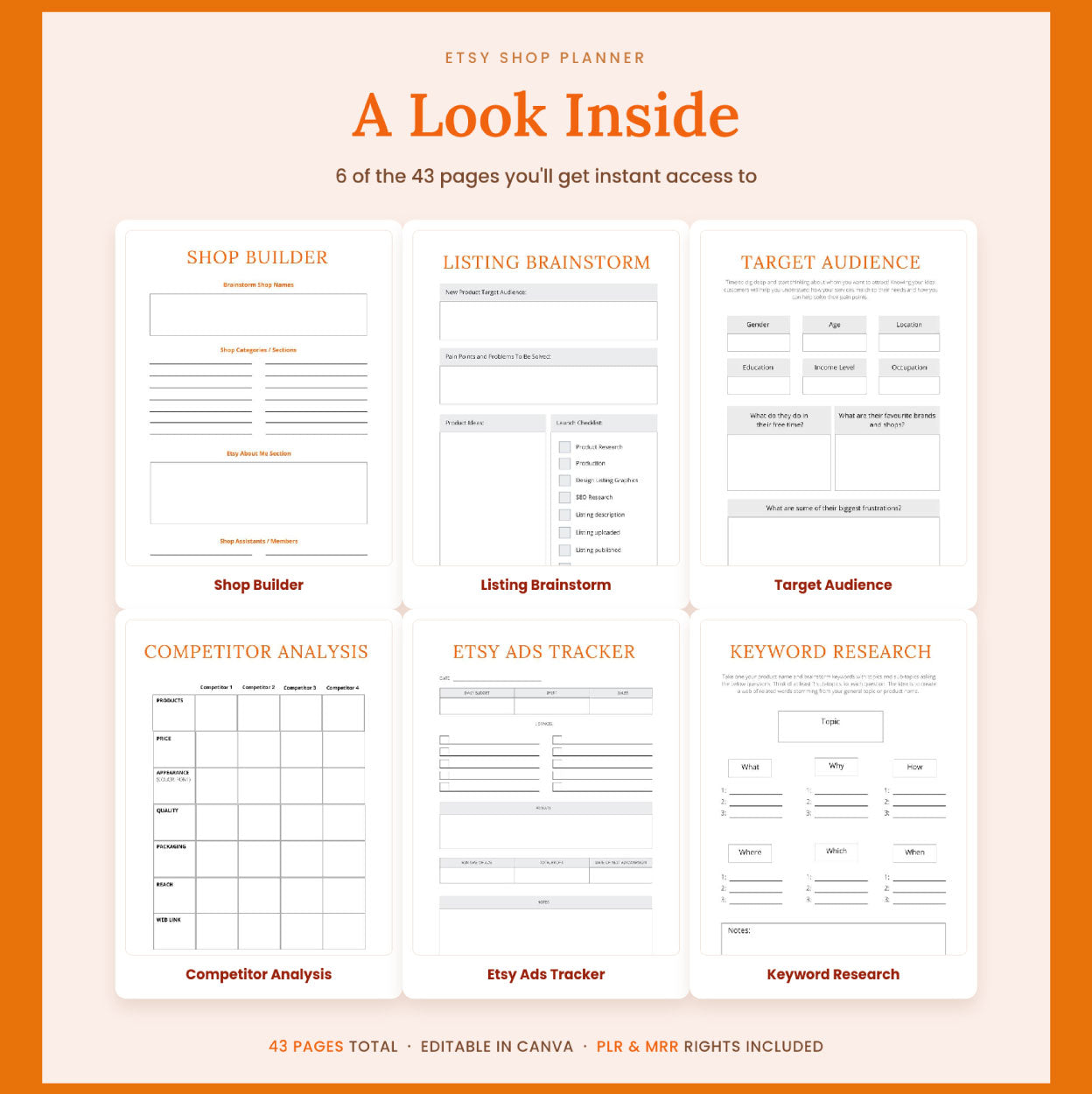 Etsy Shop Planner | 43-Page Canva Template | Plan Brand List Grow | PLR & MRR Commercial Rights | Editable Worksheets Bundle