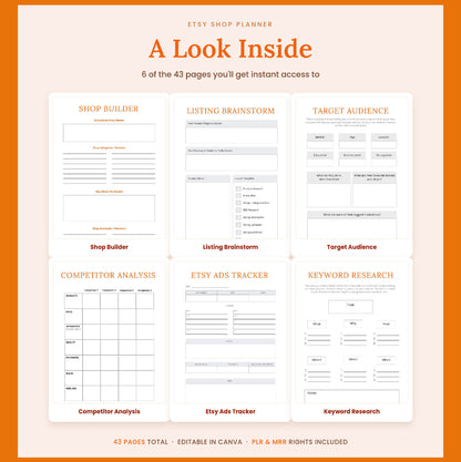 Etsy Shop Planner | 43-Page Canva Template | Plan Brand List Grow | PLR & MRR Commercial Rights | Editable Worksheets Bundle