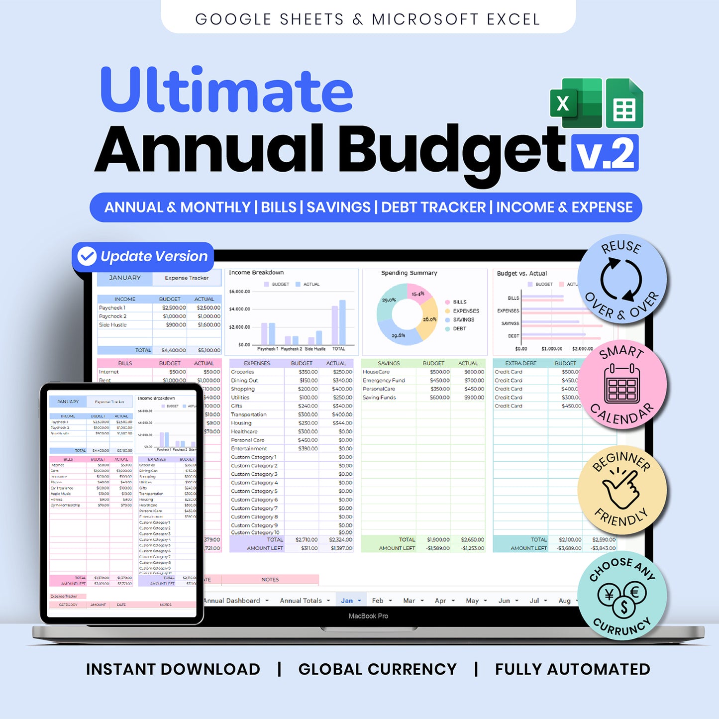Annual Budget Spreadsheet | Monthly Budget & Paycheck Planner | Google Sheets Finance Tracker