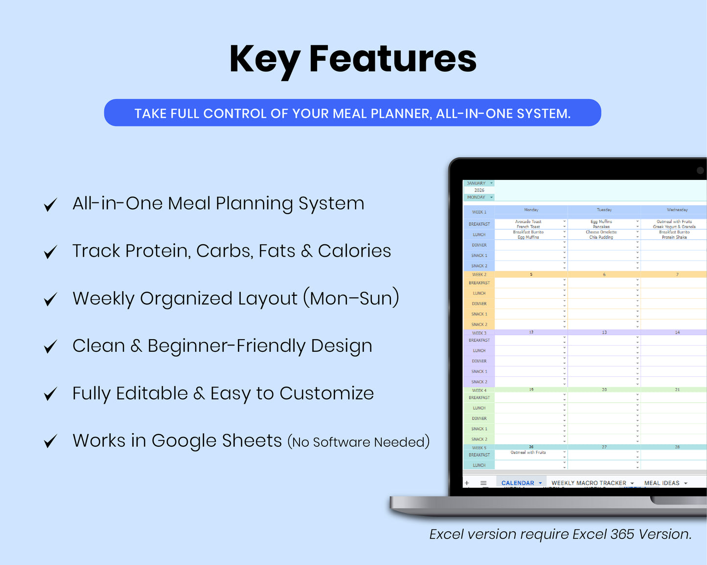 Weekly Meal Planner Spreadsheet Google Sheets Weekly Macro Tracker Grocery List Digital Cookbook