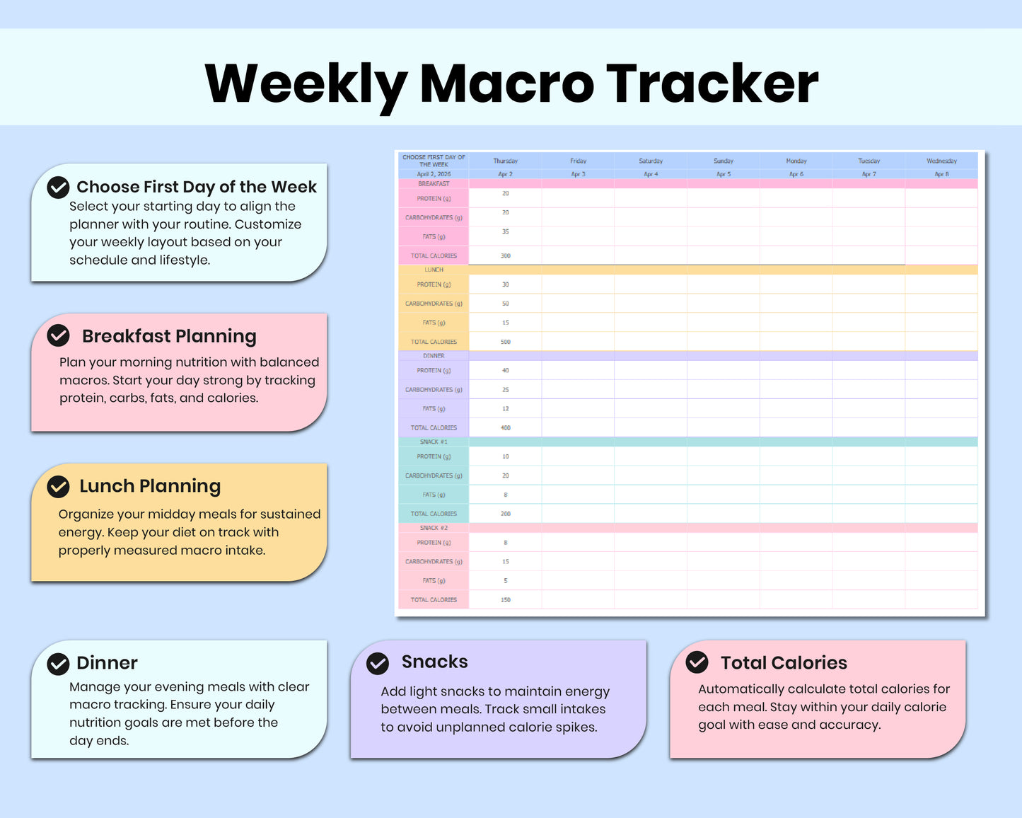Weekly Meal Planner Spreadsheet Google Sheets Weekly Macro Tracker Grocery List Digital Cookbook