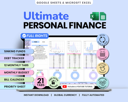 Ultimate Personal Finance Spreadsheet Monthly Personal Budget Paycheck 2026 Bill Calendar Net Worth Tracker For Google Sheets Template