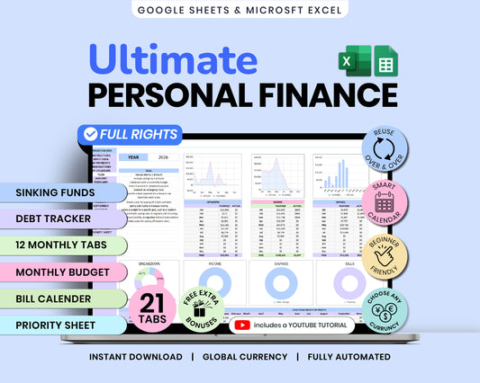 Ultimate Personal Finance Spreadsheet Monthly Personal Budget Paycheck 2026 Bill Calendar Net Worth Tracker For Google Sheets Template