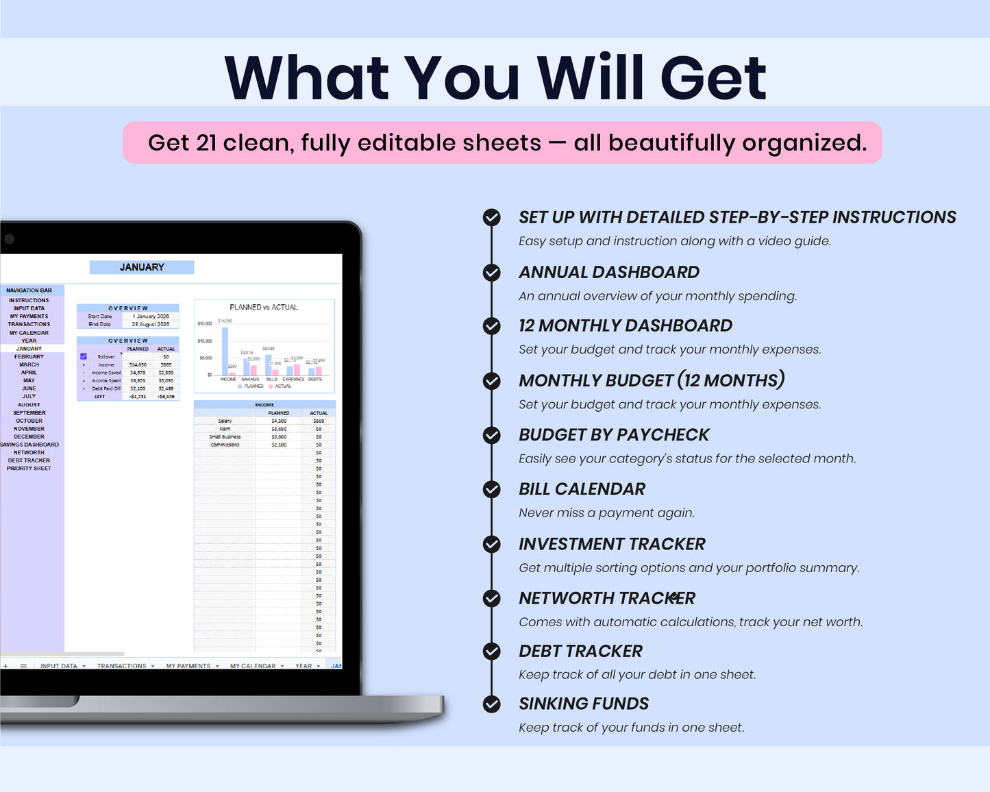 Ultimate Personal Finance Spreadsheet Monthly Personal Budget Paycheck 2026 Bill Calendar Net Worth Tracker For Google Sheets Template