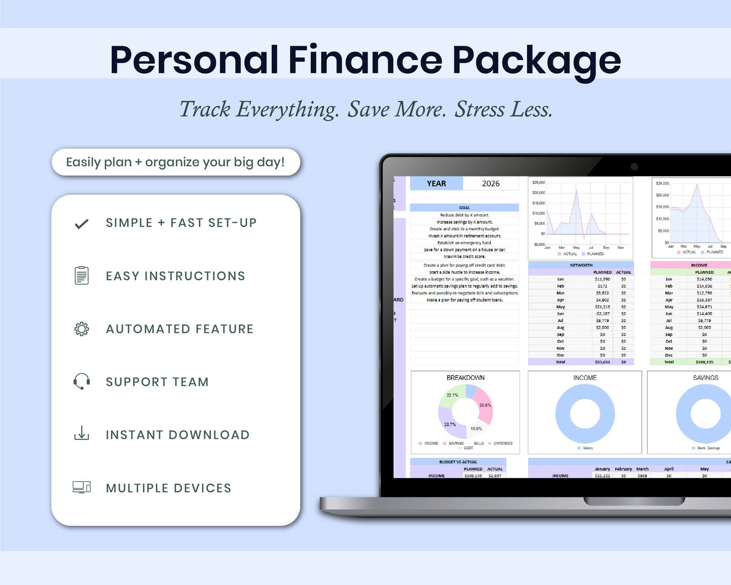 Ultimate Personal Finance Spreadsheet Monthly Personal Budget Paycheck 2026 Bill Calendar Net Worth Tracker For Google Sheets Template