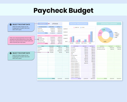 Paycheck Budget Spreadsheet for Google Sheets, Weekly, Biweekly, Semi-Monthly & Monthly Budget Planner