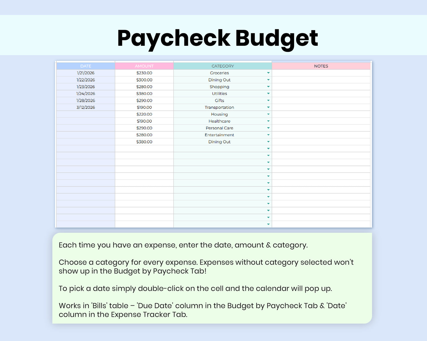 Paycheck Budget Spreadsheet for Google Sheets, Weekly, Biweekly, Semi-Monthly & Monthly Budget Planner
