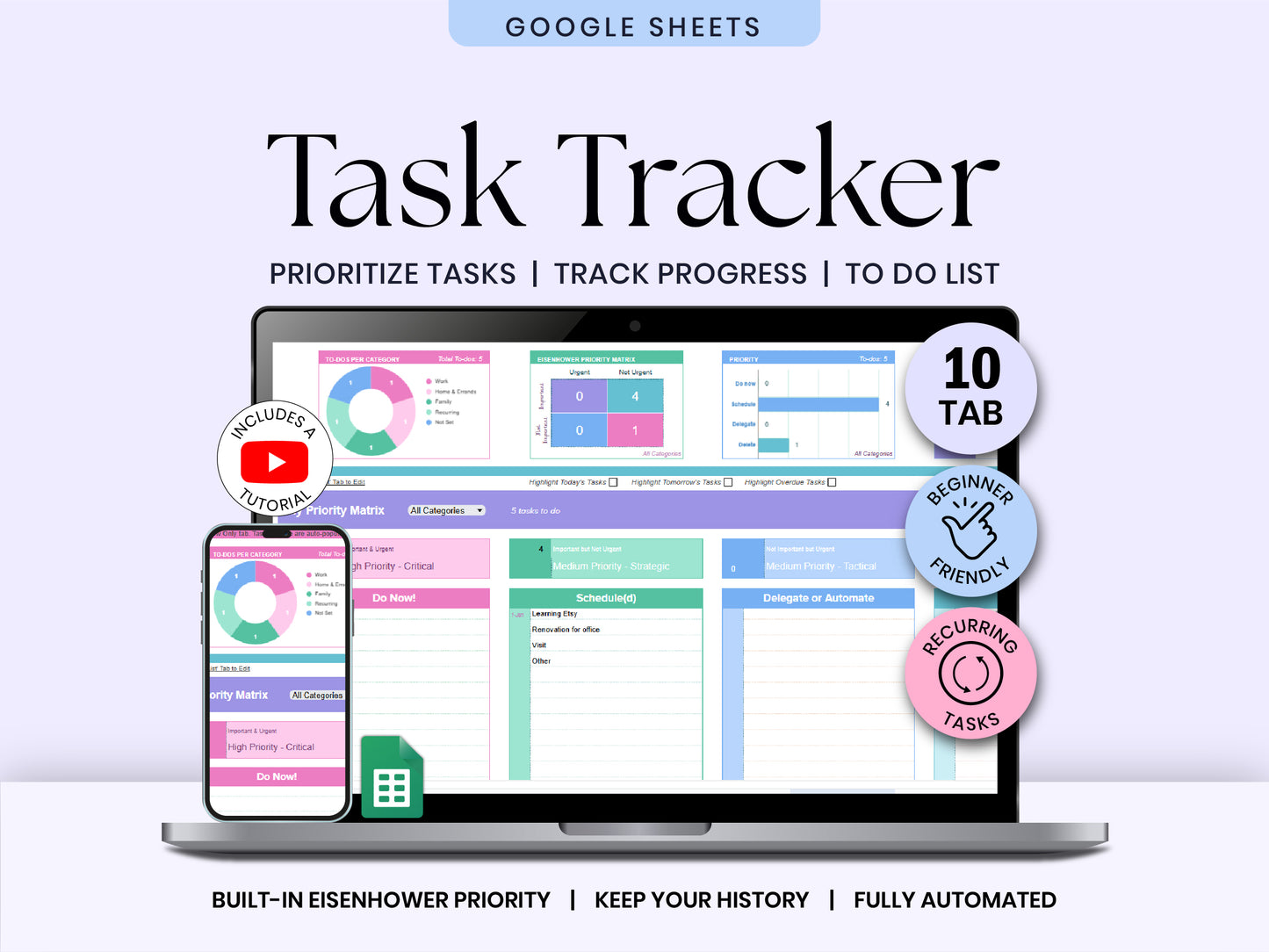 Task Tracker and To-Do List Spreadsheet for Google Sheets, Recurring Tasks, Daily Habit Tracker