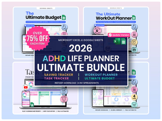 ADHD Life Planner Ultimate Bundle 2026 | 4-in-1 Spreadsheets | Budget, Savings, Workout & Task Tracker