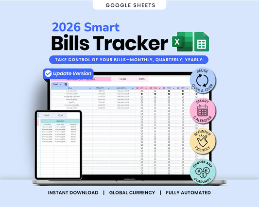 Smart Monthly Bill Tracker Spreadsheet, Bill Organizer, Expense & Utility Tracker Bill Management for Google Sheets & Excel