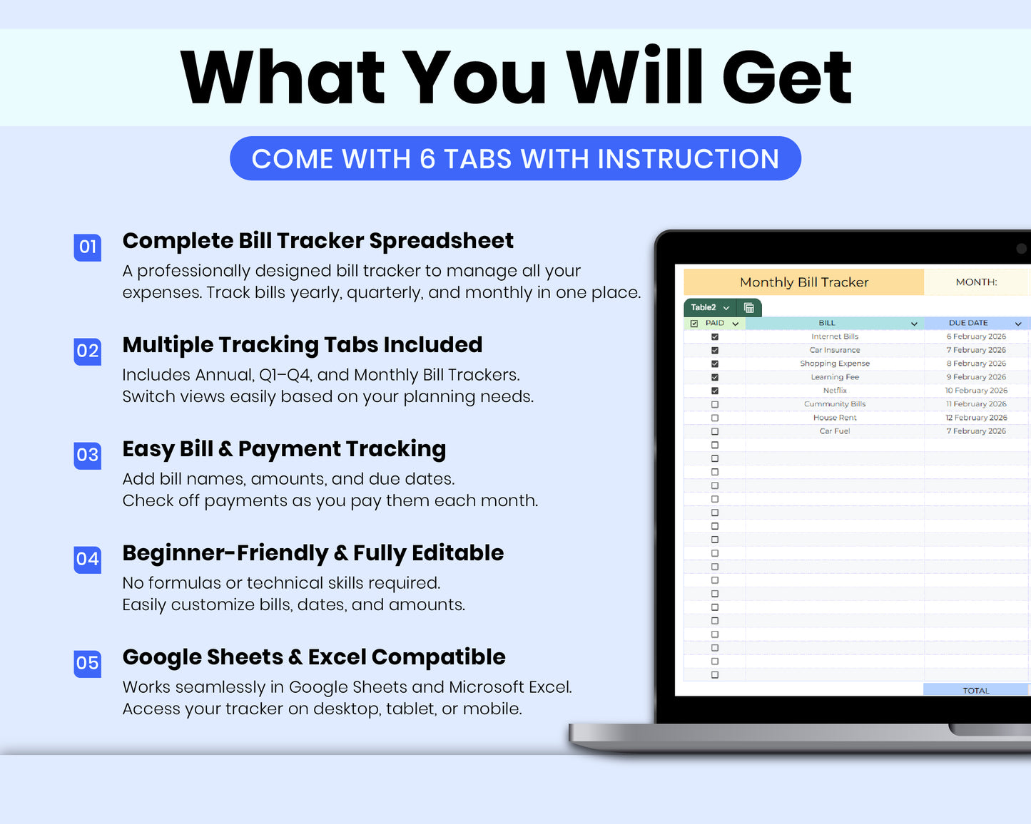 Smart Monthly Bill Tracker Spreadsheet, Bill Organizer, Expense & Utility Tracker Bill Management for Google Sheets & Excel