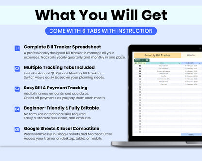 Smart Monthly Bill Tracker Spreadsheet, Bill Organizer, Expense & Utility Tracker Bill Management for Google Sheets & Excel
