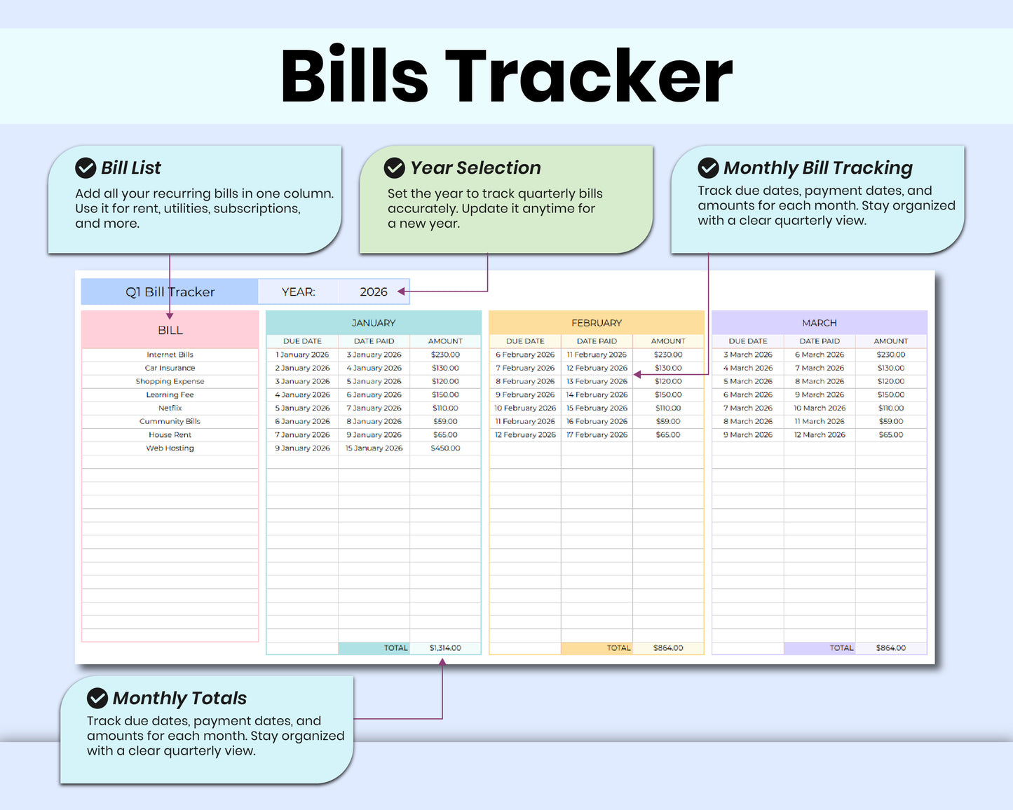 Smart Monthly Bill Tracker Spreadsheet, Bill Organizer, Expense & Utility Tracker Bill Management for Google Sheets & Excel