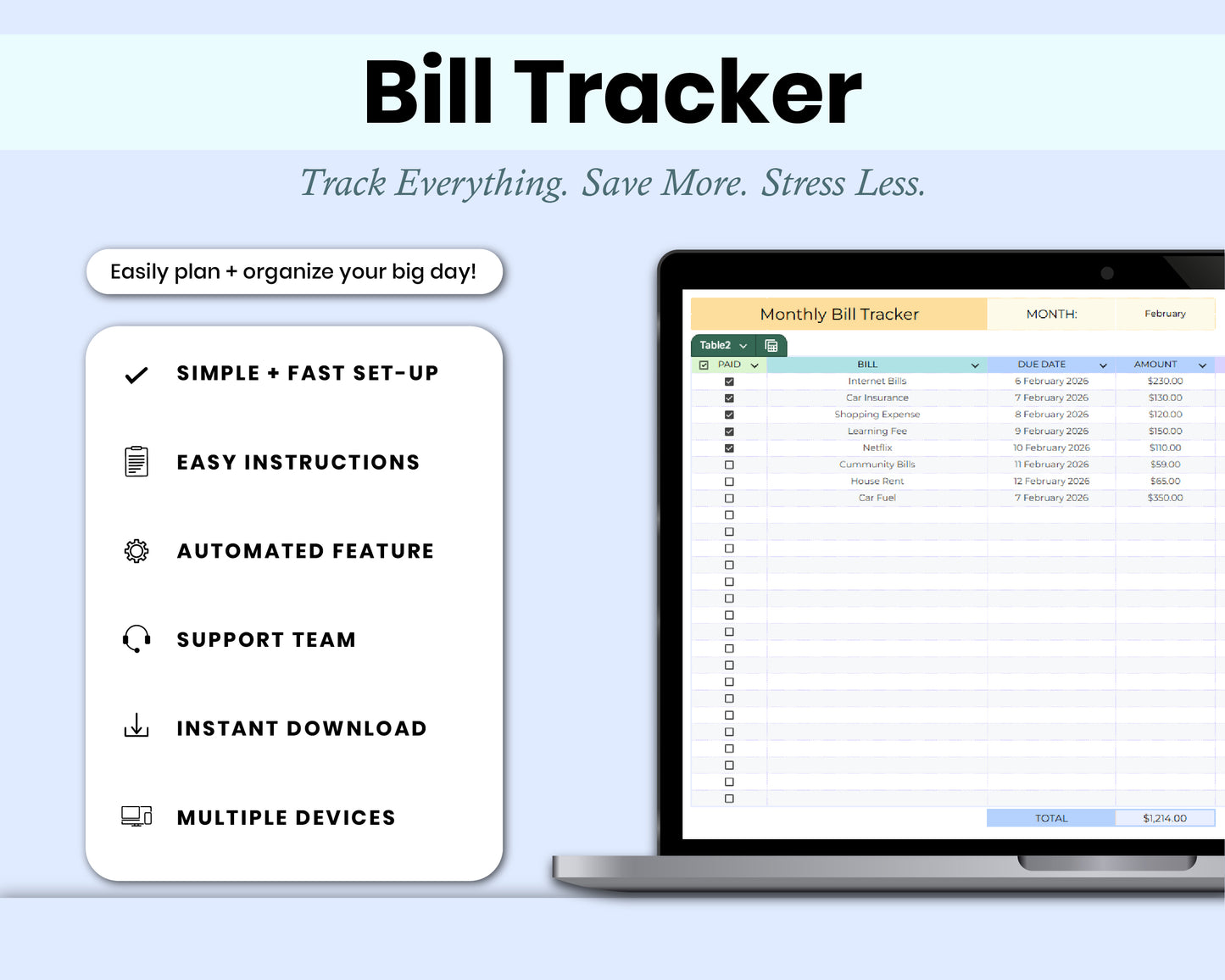 Smart Monthly Bill Tracker Spreadsheet, Bill Organizer, Expense & Utility Tracker Bill Management for Google Sheets & Excel