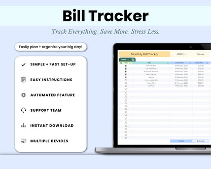 Smart Monthly Bill Tracker Spreadsheet, Bill Organizer, Expense & Utility Tracker Bill Management for Google Sheets & Excel