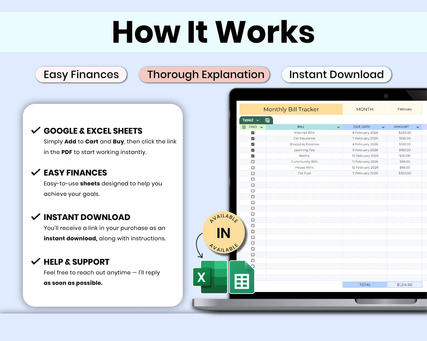 Smart Monthly Bill Tracker Spreadsheet, Bill Organizer, Expense & Utility Tracker Bill Management for Google Sheets & Excel