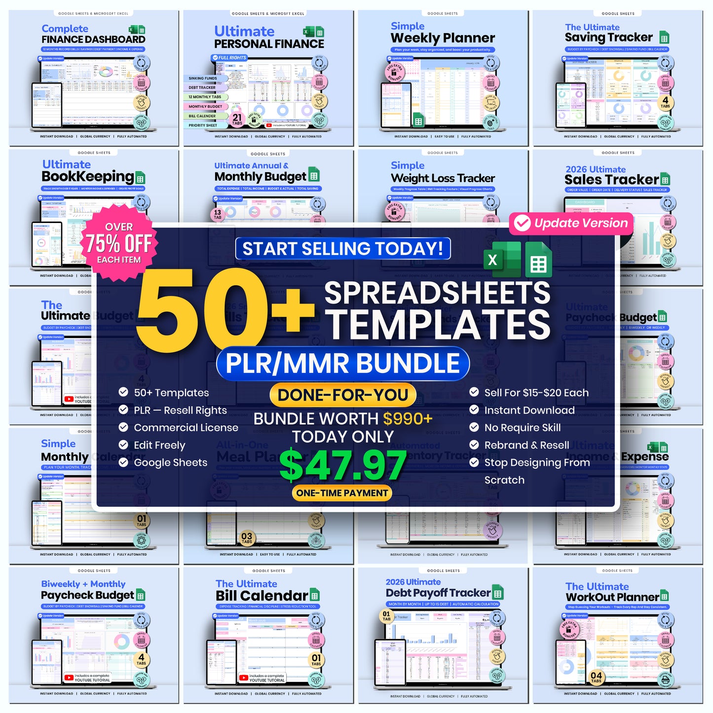 50+ Spreadsheet Templates PLR/MMR Bundle | Resell Rights | Google Sheets & Excel | Done-For-You Digital Business