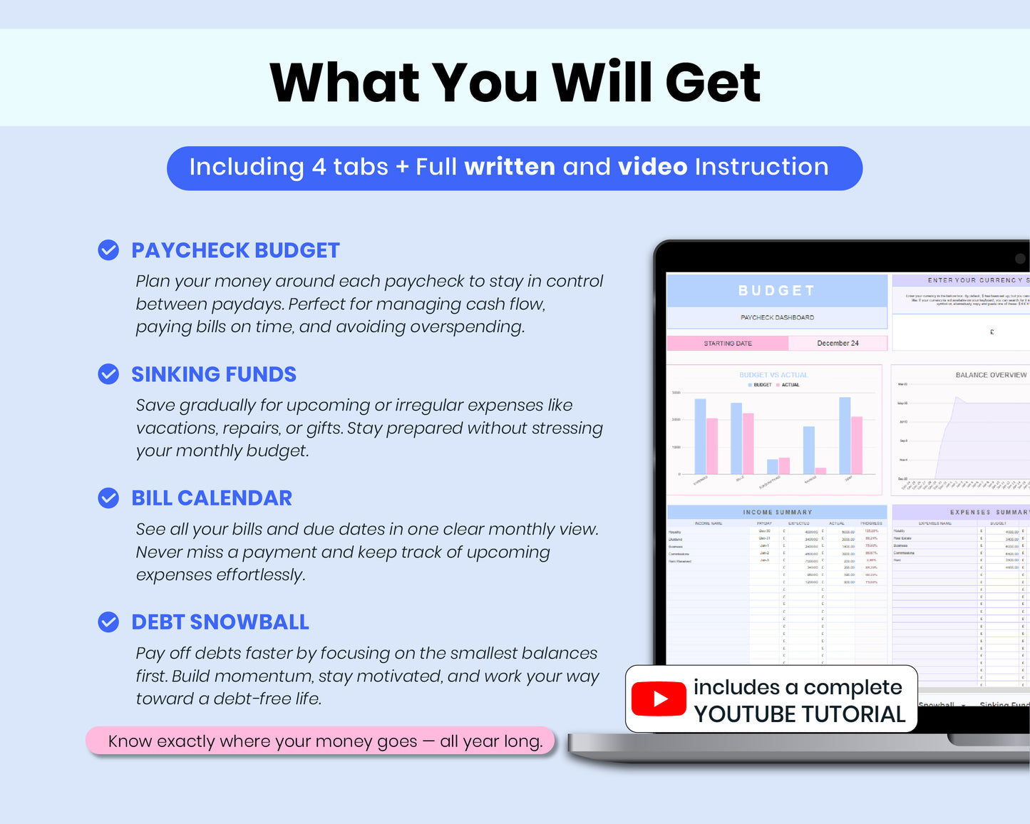 Ultimate Annual Budget Spreadsheet, Budget Paycheck, Bill Calendar, Debt Snowball Google Sheets Template