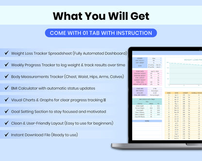 Weight Loss Tracker Spreadsheet | Calorie, Meal Planner | Digital Workout Planner | BMI Calculator