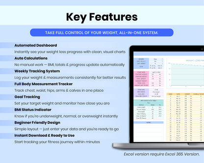 Weight Loss Tracker Spreadsheet | Calorie, Meal Planner | Digital Workout Planner | BMI Calculator